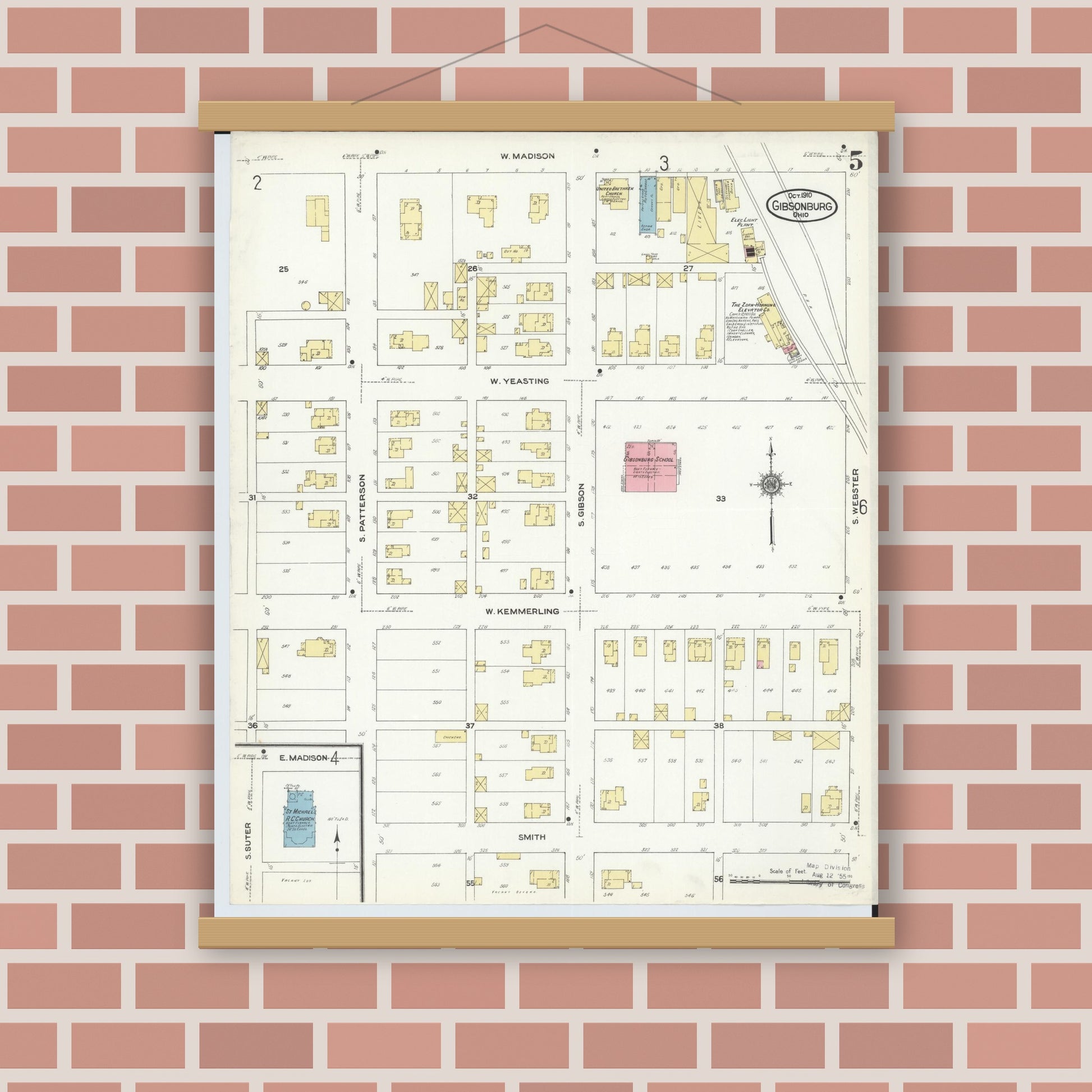 Old map wall art mockup — magnetic wood frame on brick wall — Sanborn Fire Insurance Map from Gibsonburg, Sandusky County, Ohio (1910), Sheet #0005