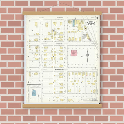 Old map wall art mockup — magnetic wood frame on brick wall — Sanborn Fire Insurance Map from Gibsonburg, Sandusky County, Ohio (1910), Sheet #0005
