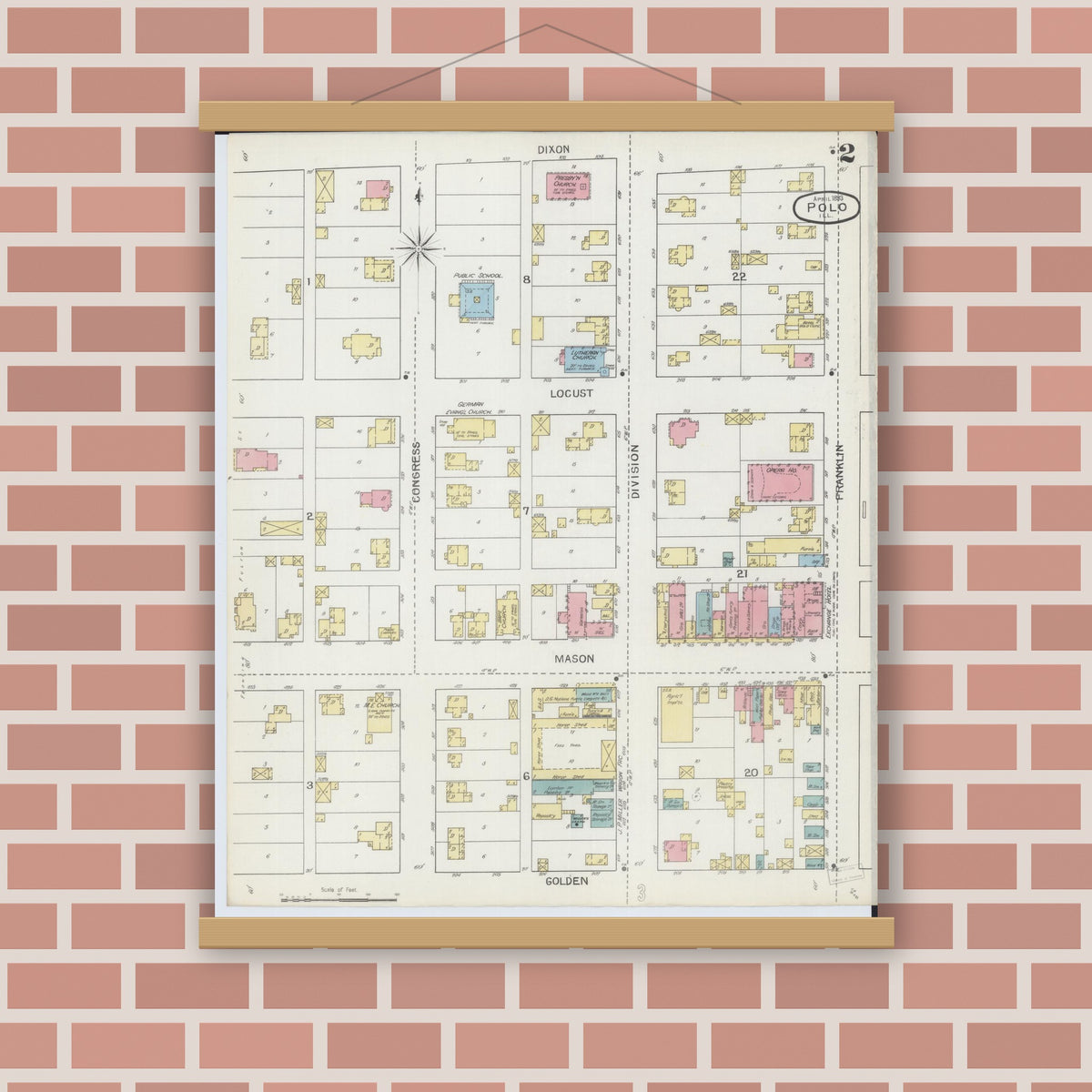 Old map wall art mockup — magnetic wood frame on brick wall — Sanborn Fire Insurance Map from Polo, Ogle County, Illinois (1893), Sheet #0002