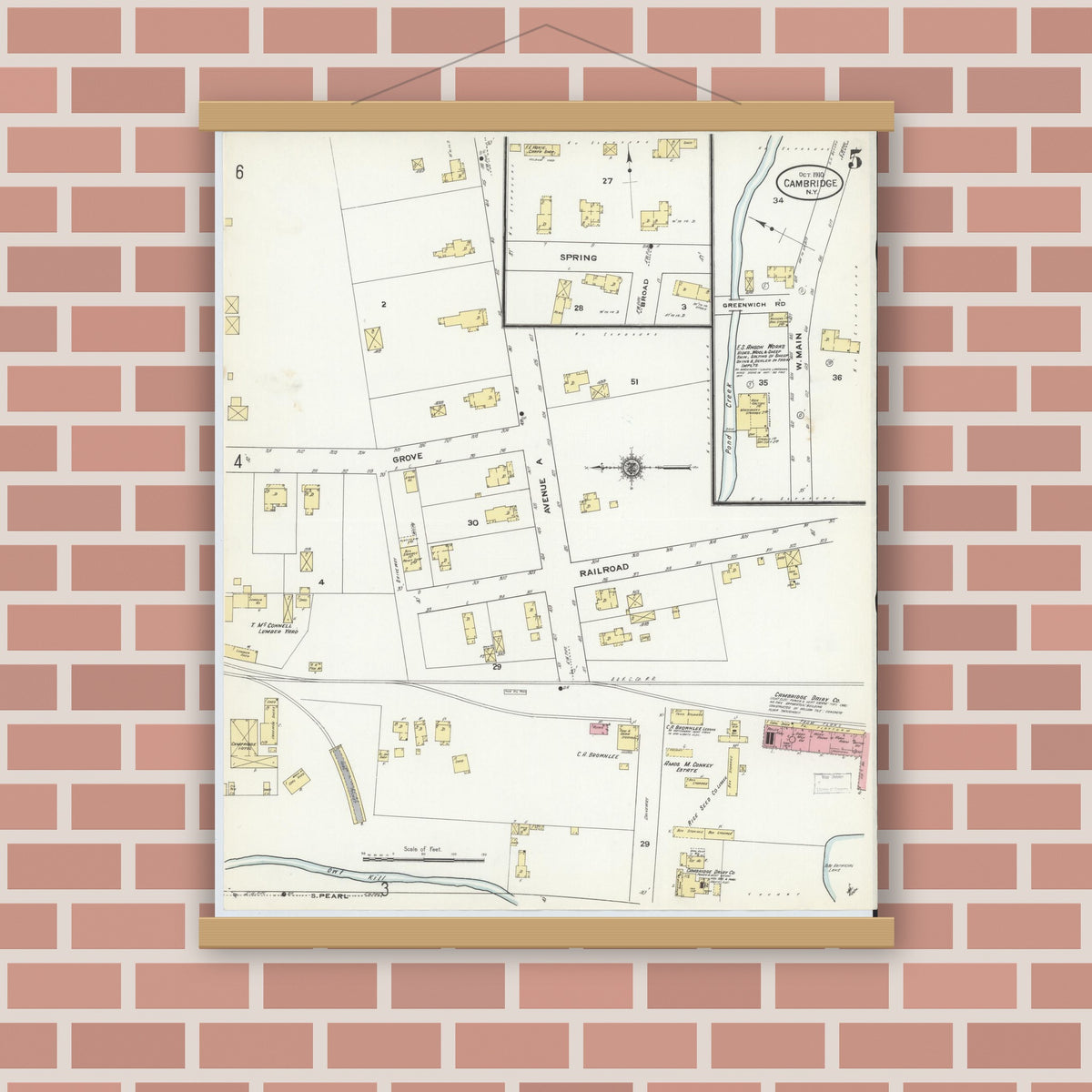 Old map wall art mockup — magnetic wood frame on brick wall — Sanborn Fire Insurance Map from Cambridge, Washington County, New York (1910), Sheet #0005