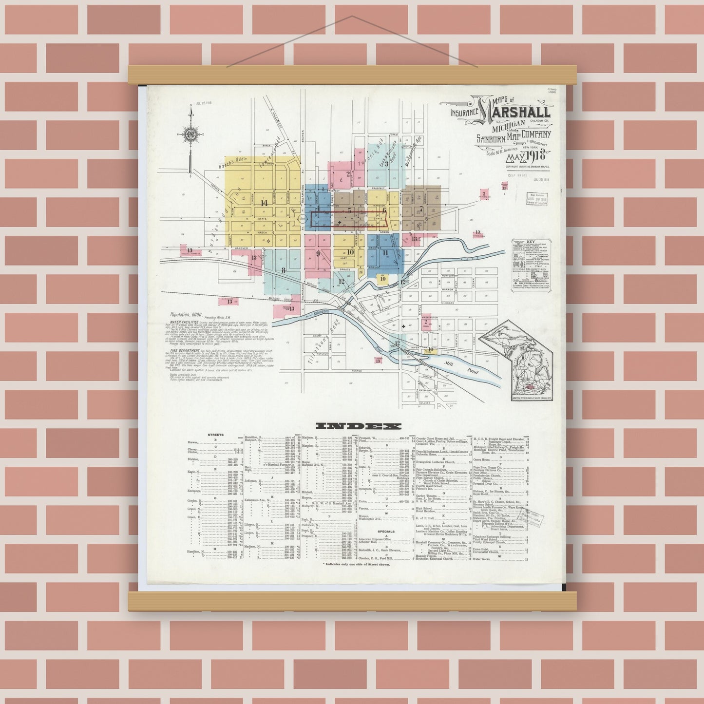 Old map wall art mockup — magnetic wood frame on brick wall — Sanborn Fire Insurance Map from Marshall, Calhoun County, Michigan (1916), Sheet #0001