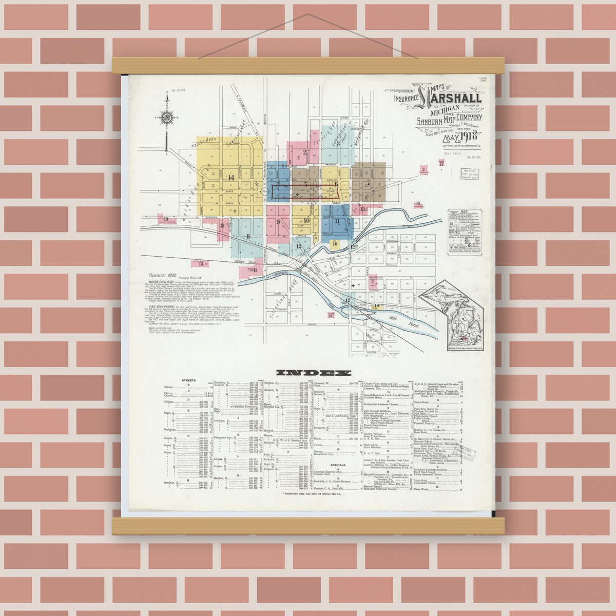 Old map wall art mockup — magnetic wood frame on brick wall — Sanborn Fire Insurance Map from Marshall, Calhoun County, Michigan (1916), Sheet #0001