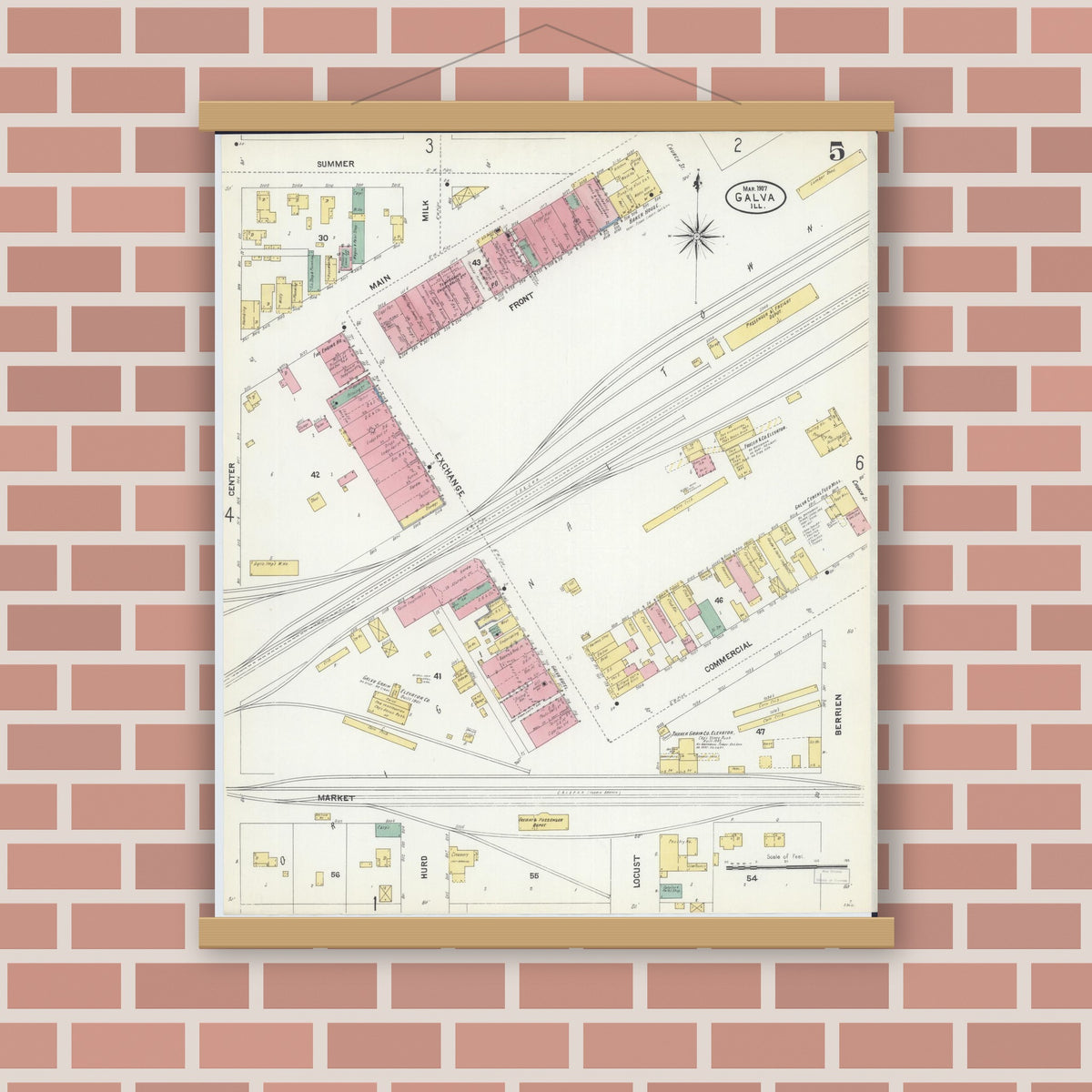 Old map wall art mockup — magnetic wood frame on brick wall — Sanborn Fire Insurance Map from Galva, Henry County, Illinois (1907), Sheet #0005