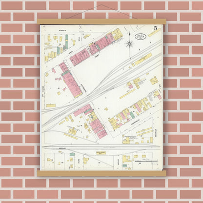 Old map wall art mockup — magnetic wood frame on brick wall — Sanborn Fire Insurance Map from Galva, Henry County, Illinois (1907), Sheet #0005