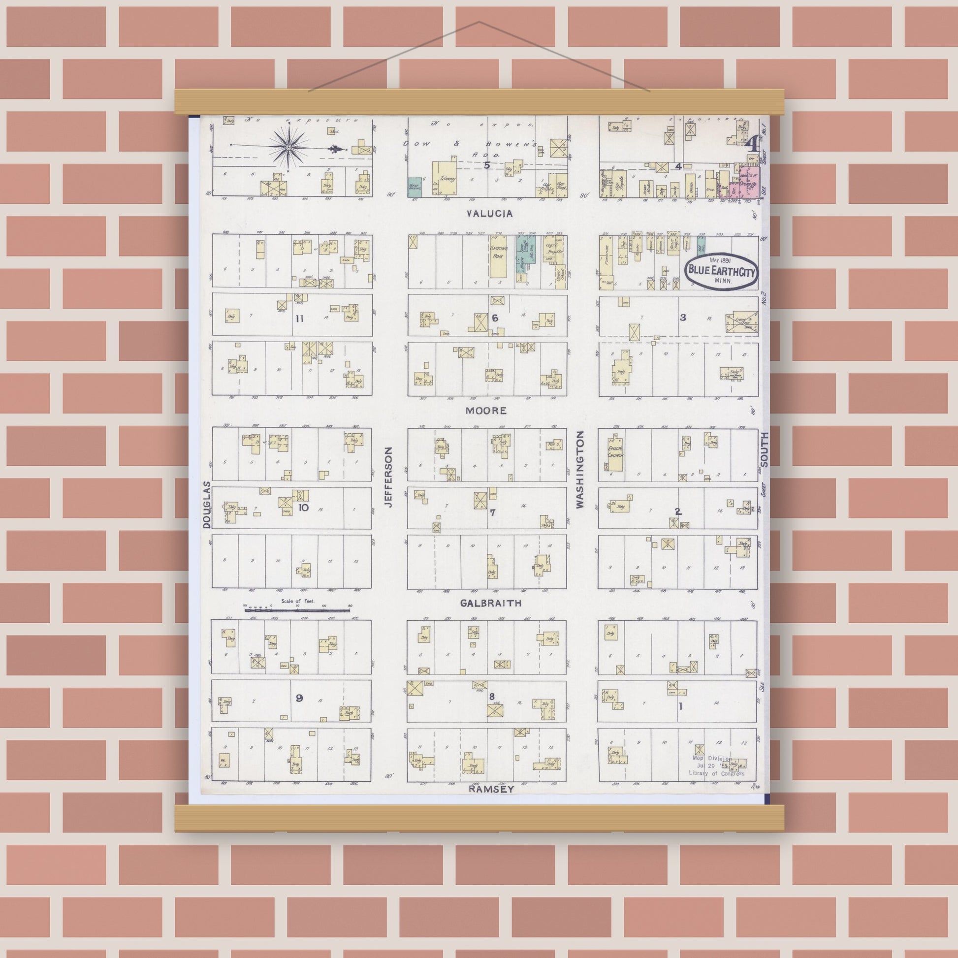 Old map wall art mockup — magnetic wood frame on brick wall — Sanborn Fire Insurance Map from Blue Earth, Faribault County, Minnesota (1891), Sheet #0004