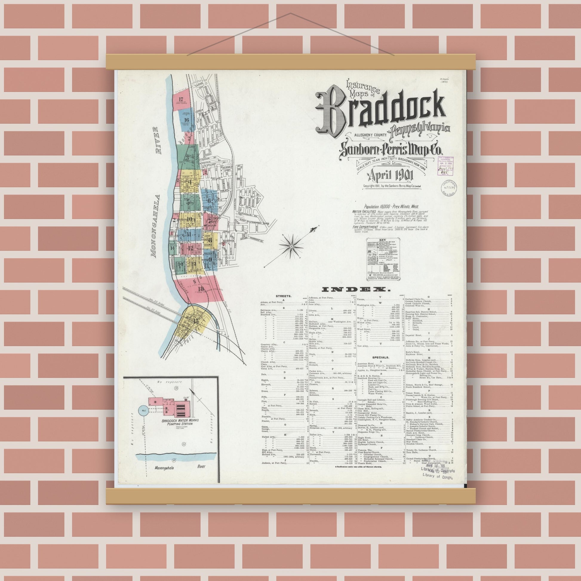 Old map wall art mockup — magnetic wood frame on brick wall — Sanborn Fire Insurance Map from Braddock, Allegheny County, Pennsylvania (1901) - Complete Map Set