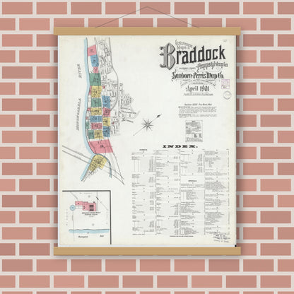 Old map wall art mockup — magnetic wood frame on brick wall — Sanborn Fire Insurance Map from Braddock, Allegheny County, Pennsylvania (1901) - Complete Map Set