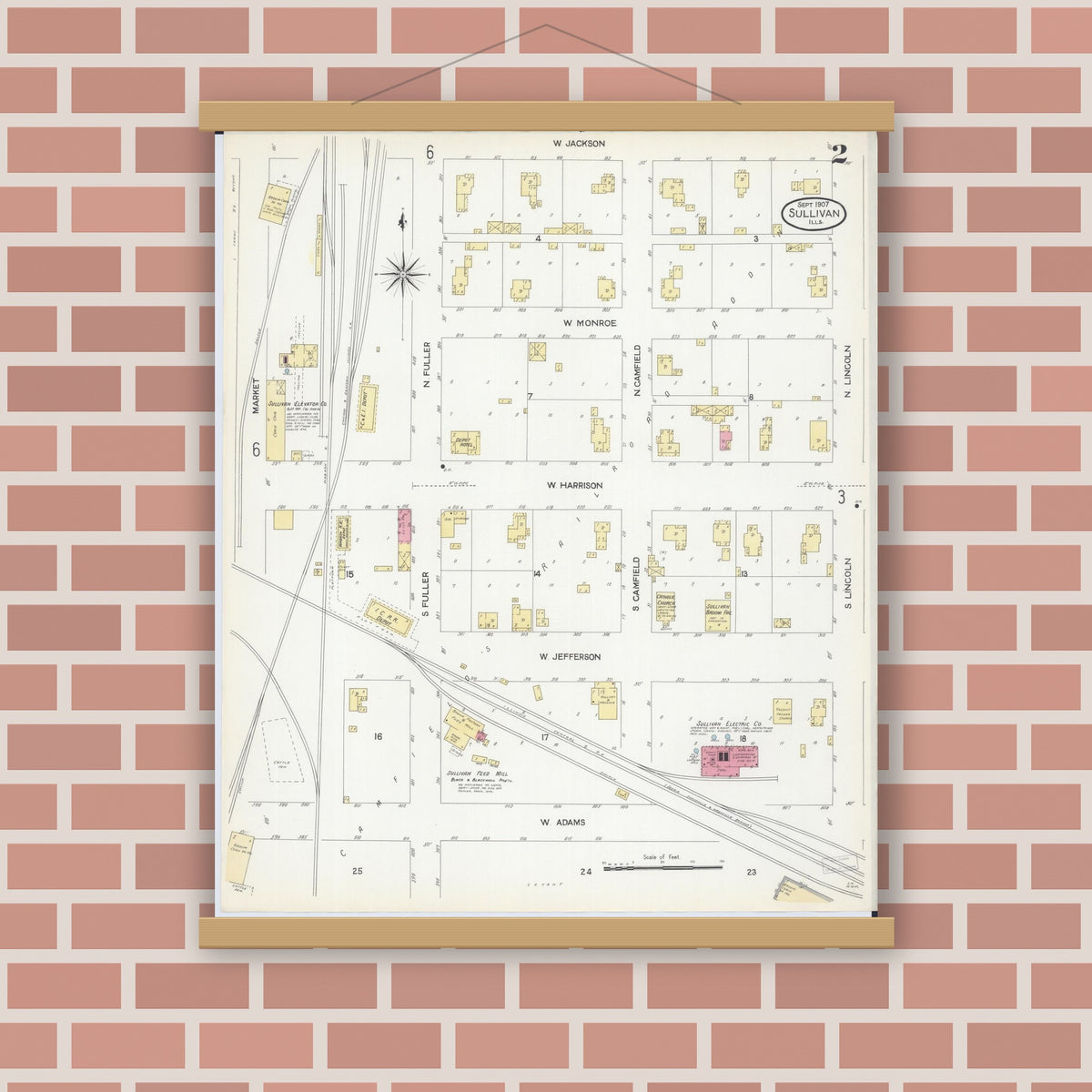 Old map wall art mockup — magnetic wood frame on brick wall — Sanborn Fire Insurance Map from Sullivan, Moultrie County, Illinois (1907), Sheet #0002
