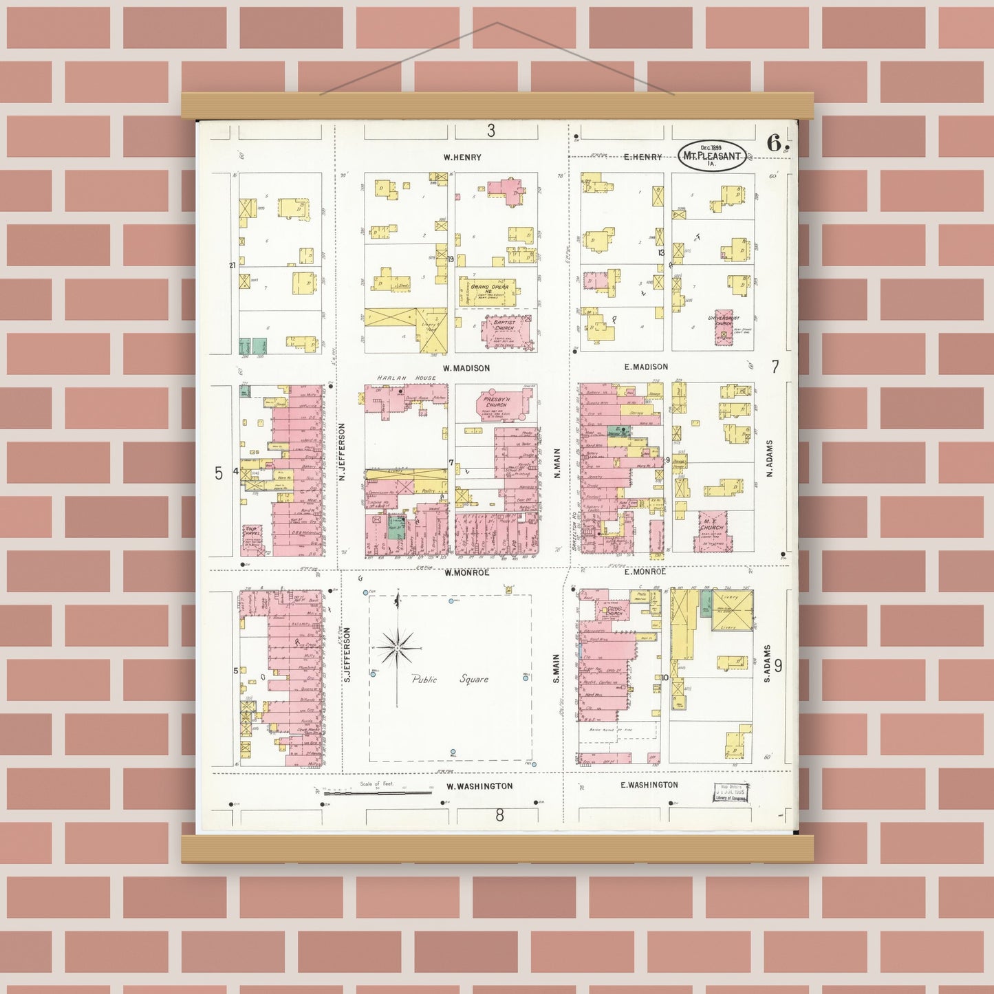 Old map wall art mockup — magnetic wood frame on brick wall — Sanborn Fire Insurance Map from Mount Pleasant, Henry County, Iowa (1899), Sheet #0006