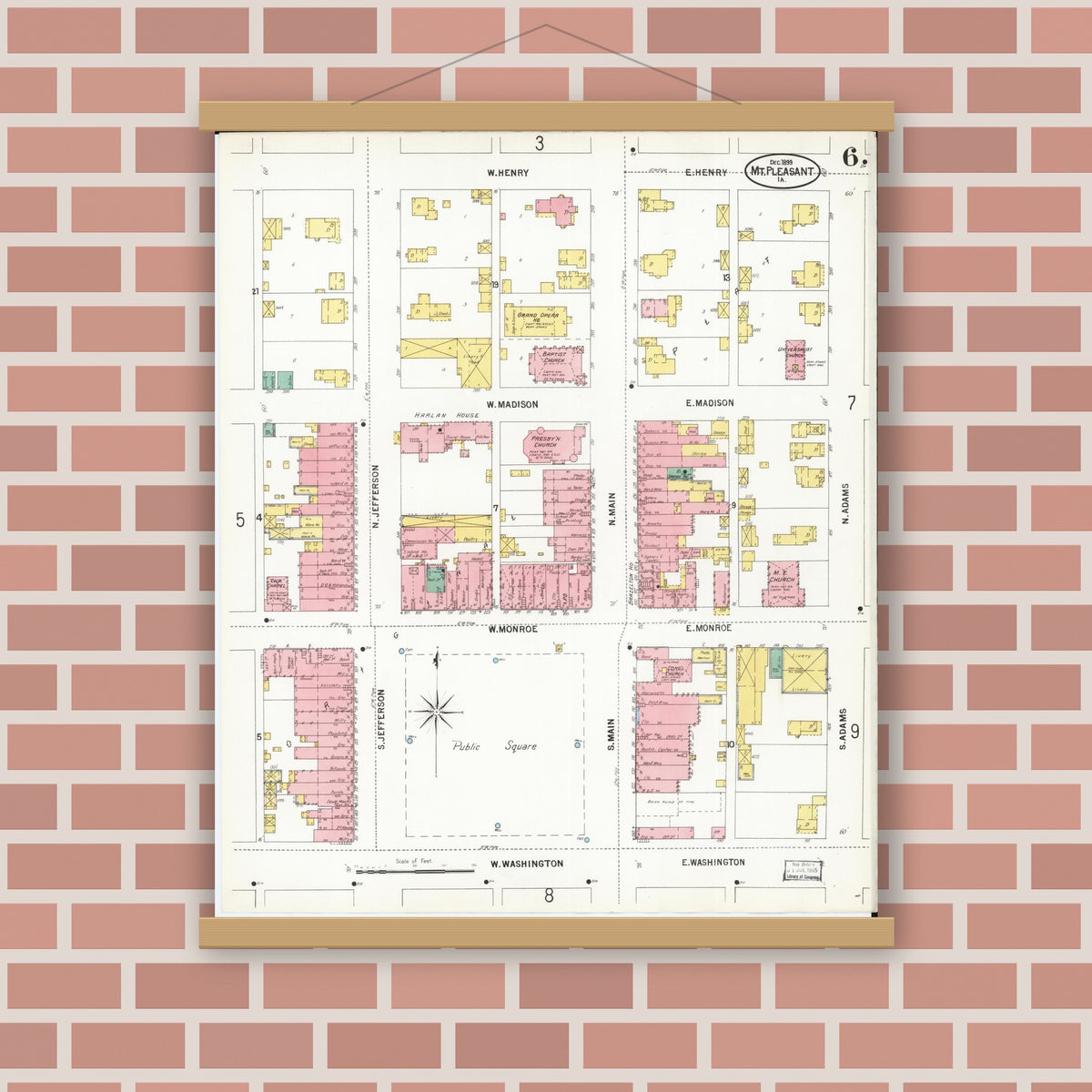 Old map wall art mockup — magnetic wood frame on brick wall — Sanborn Fire Insurance Map from Mount Pleasant, Henry County, Iowa (1899), Sheet #0006