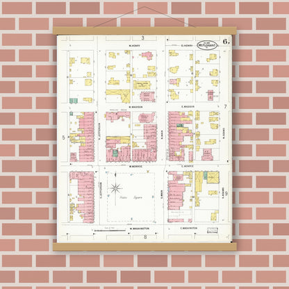 Old map wall art mockup — magnetic wood frame on brick wall — Sanborn Fire Insurance Map from Mount Pleasant, Henry County, Iowa (1899), Sheet #0006