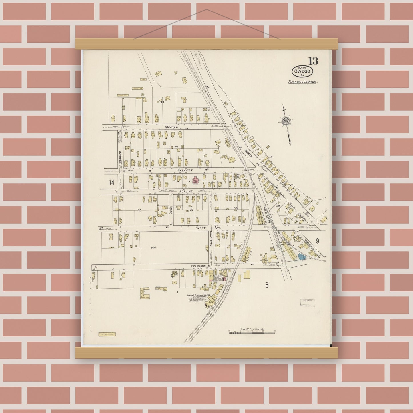 Old map wall art mockup — magnetic wood frame on brick wall — Sanborn Fire Insurance Map from Owego, Tioga County, New York (1915), Sheet #0013