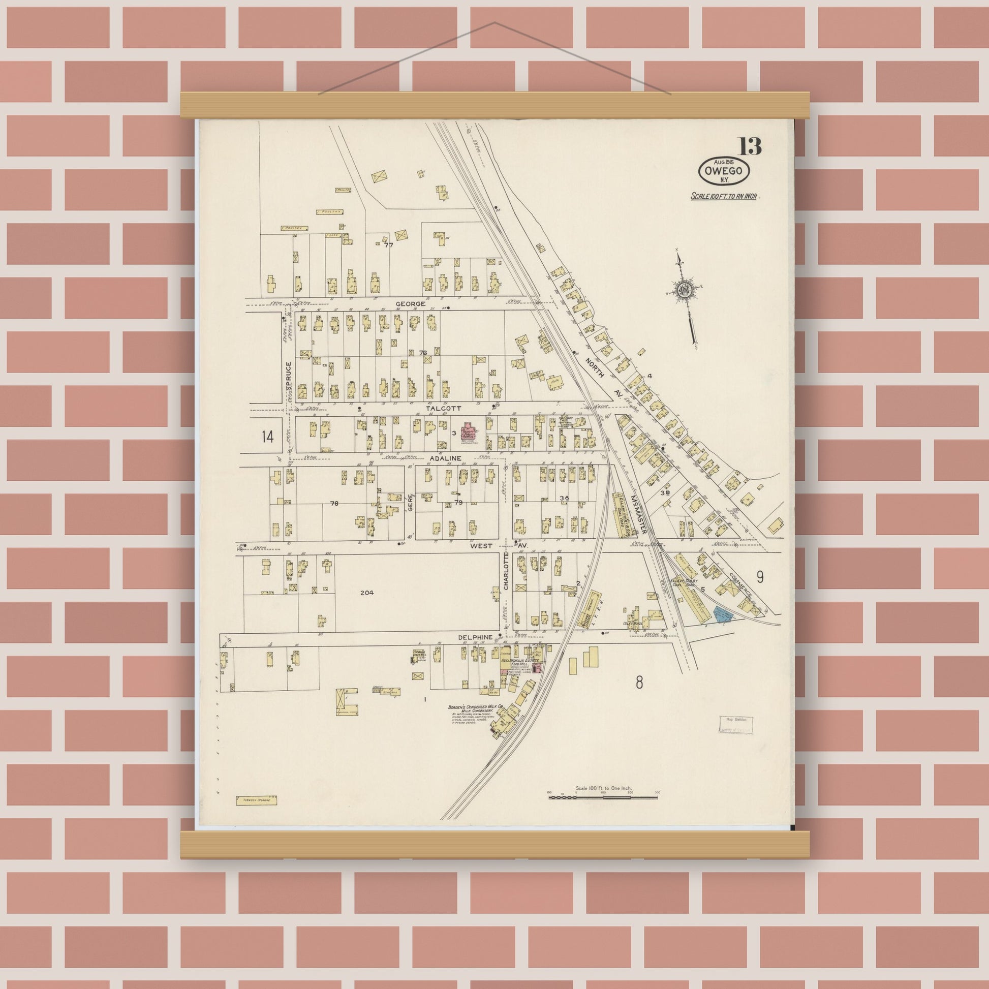 Old map wall art mockup — magnetic wood frame on brick wall — Sanborn Fire Insurance Map from Owego, Tioga County, New York (1915), Sheet #0013