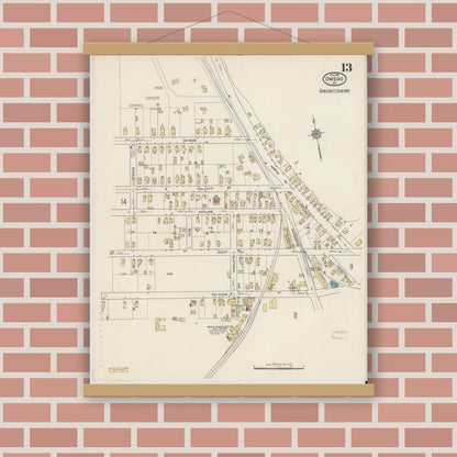 Old map wall art mockup — magnetic wood frame on brick wall — Sanborn Fire Insurance Map from Owego, Tioga County, New York (1915), Sheet #0013