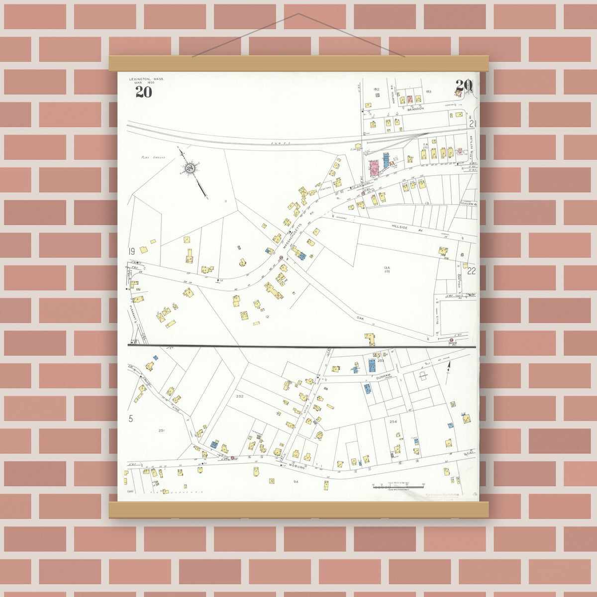 Old map wall art mockup — magnetic wood frame on brick wall — Sanborn Fire Insurance Map from Lexington, Middlesex County, Massachusetts (1935), Sheet #0020