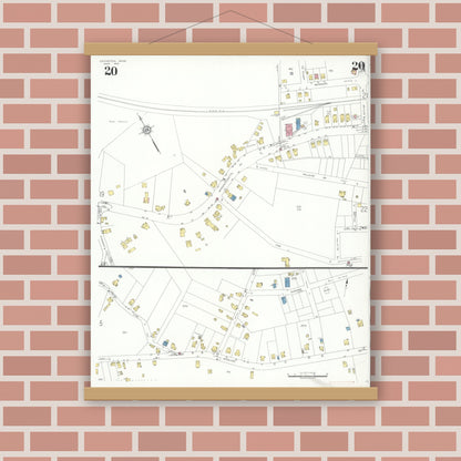 Old map wall art mockup — magnetic wood frame on brick wall — Sanborn Fire Insurance Map from Lexington, Middlesex County, Massachusetts (1935), Sheet #0020