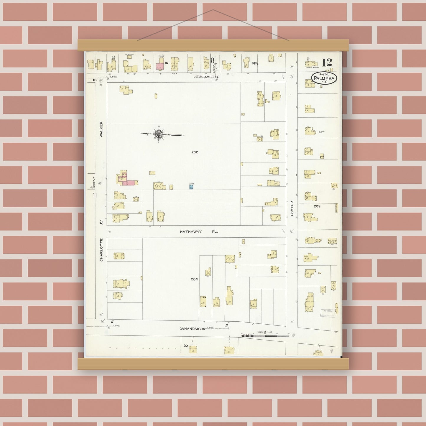 Old map wall art mockup — magnetic wood frame on brick wall — Sanborn Fire Insurance Map from Palmyra, Wayne County, New York (1912), Sheet #0012