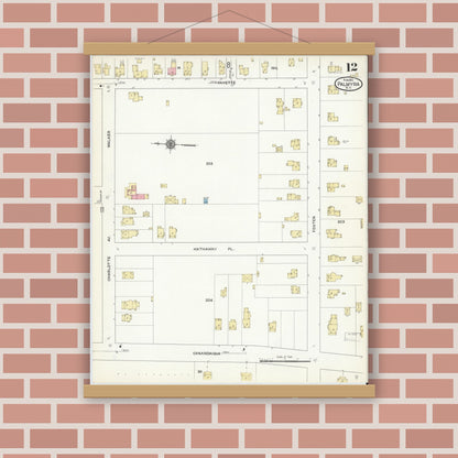 Old map wall art mockup — magnetic wood frame on brick wall — Sanborn Fire Insurance Map from Palmyra, Wayne County, New York (1912), Sheet #0012
