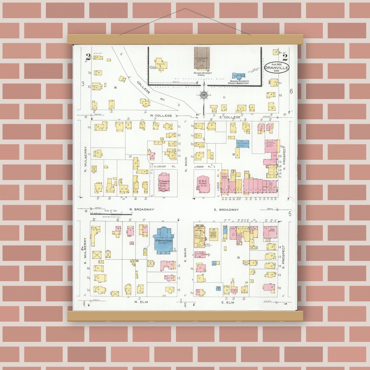 Old map wall art mockup — magnetic wood frame on brick wall — Sanborn Fire Insurance Map from Granville, Licking County, Ohio (1926), Sheet #0002