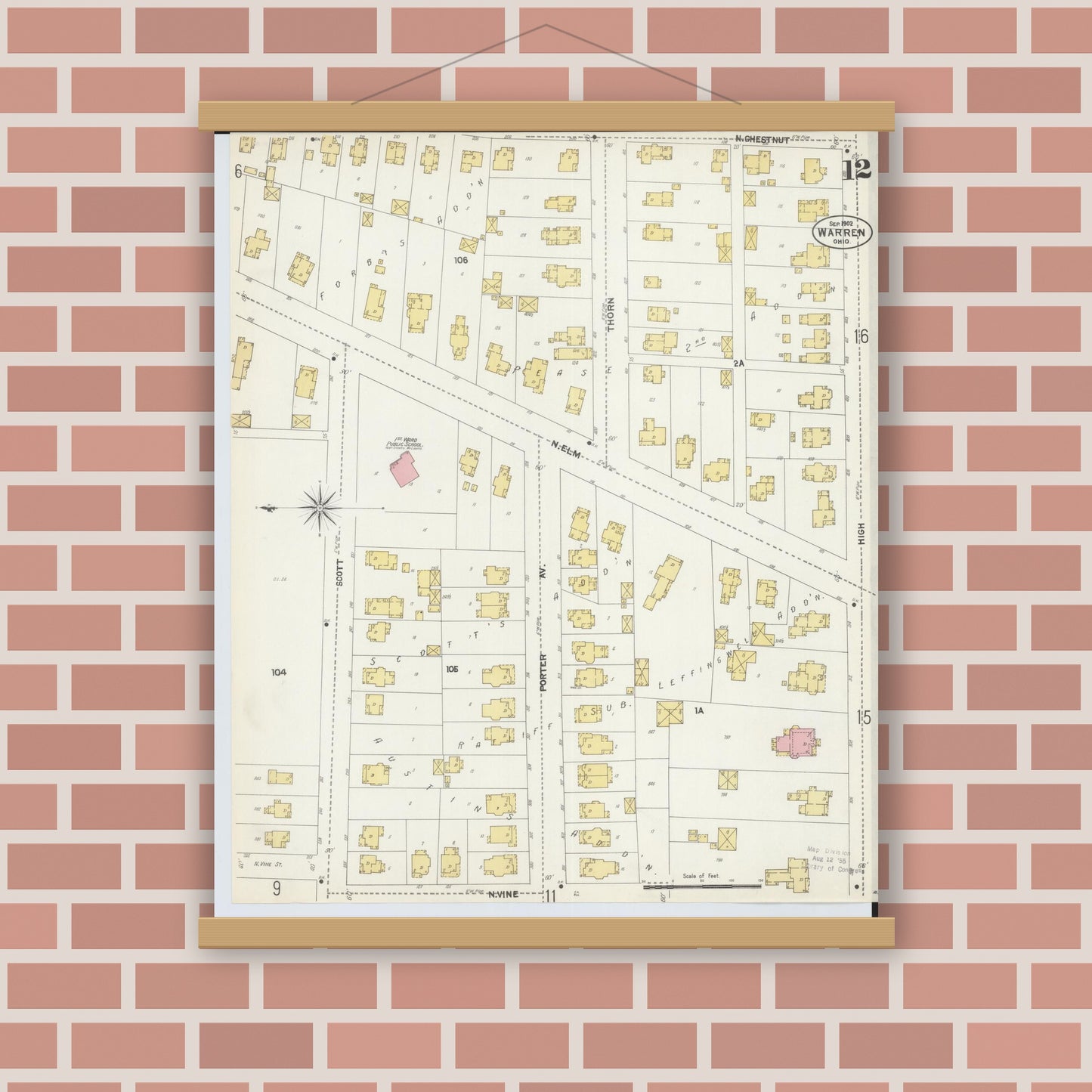 Old map wall art mockup — magnetic wood frame on brick wall — Sanborn Fire Insurance Map from Warren, Trumbull County, Ohio (1902), Sheet #0012