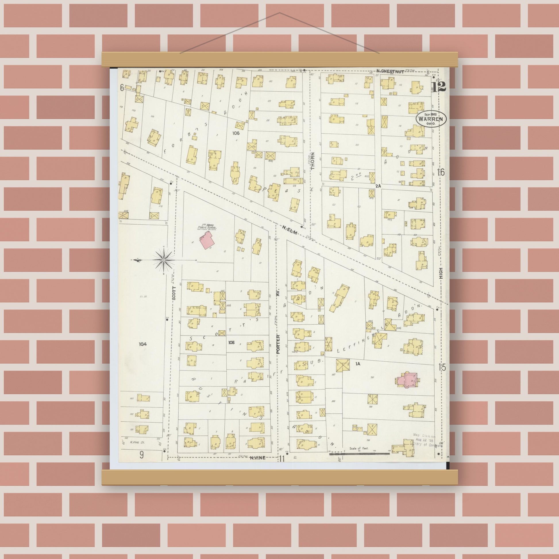 Old map wall art mockup — magnetic wood frame on brick wall — Sanborn Fire Insurance Map from Warren, Trumbull County, Ohio (1902), Sheet #0012