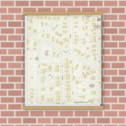 Old map wall art mockup — magnetic wood frame on brick wall — Sanborn Fire Insurance Map from Warren, Trumbull County, Ohio (1902), Sheet #0012