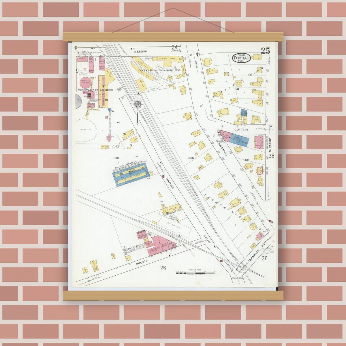 Old map wall art mockup — magnetic wood frame on brick wall — Sanborn Fire Insurance Map from Pontiac, Oakland County, Michigan (1919), Sheet #0025