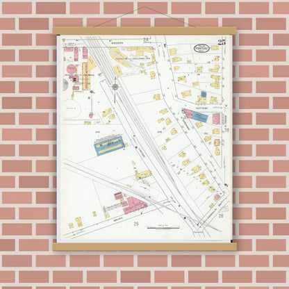 Old map wall art mockup — magnetic wood frame on brick wall — Sanborn Fire Insurance Map from Pontiac, Oakland County, Michigan (1919), Sheet #0025