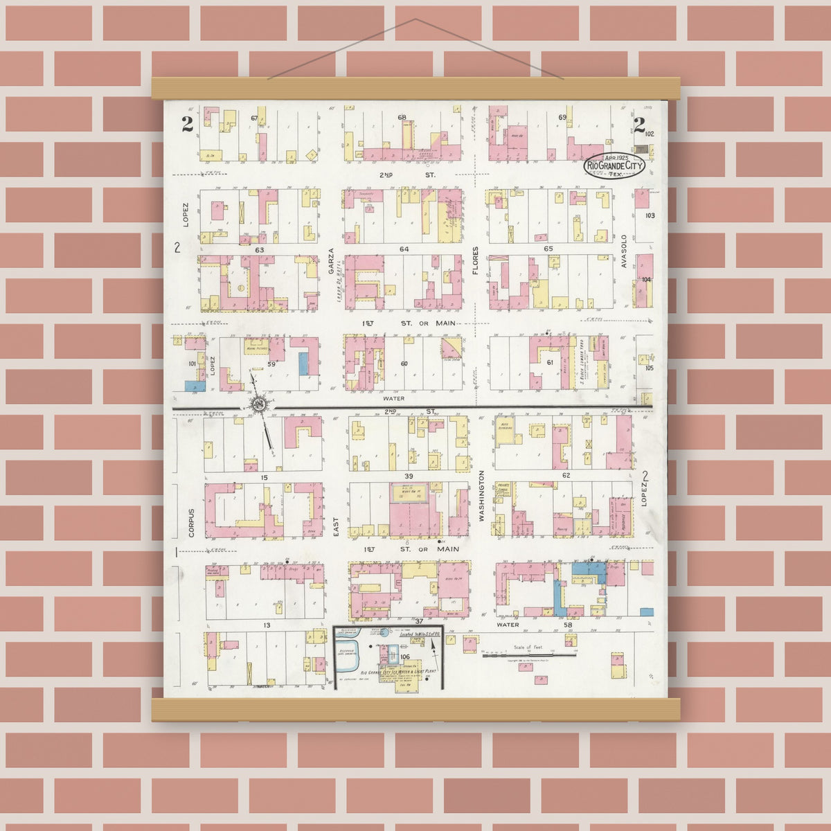Old map wall art mockup — magnetic wood frame on brick wall — Sanborn Fire Insurance Map from Rio Grande City, Starr County, Texas (1925), Sheet #0002