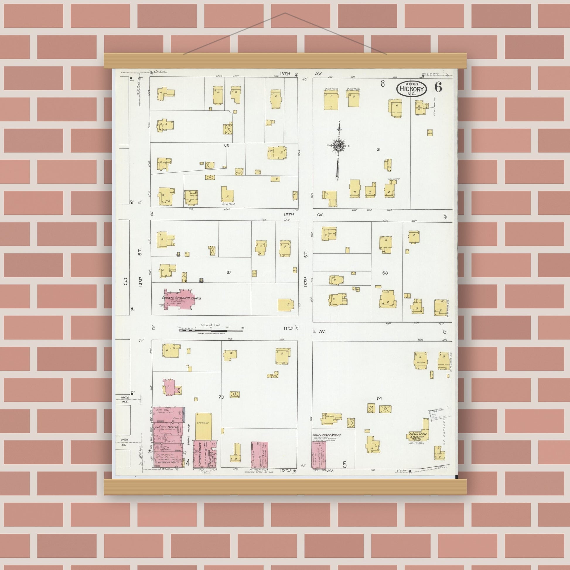 Old map wall art mockup — magnetic wood frame on brick wall — Sanborn Fire Insurance Map from Hickory, Catawba County, North Carolina (1919), Sheet #0006