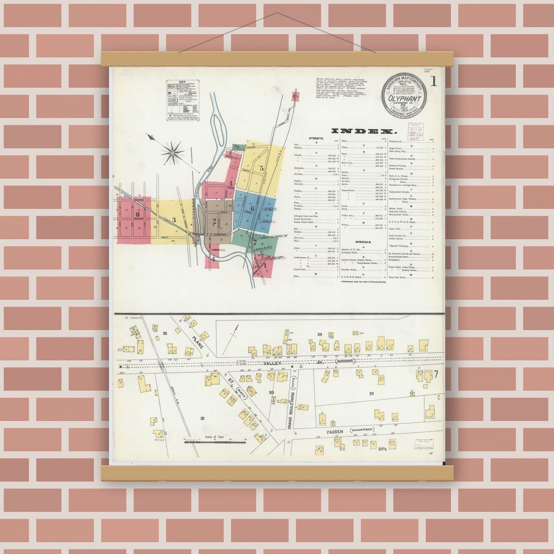 Old map wall art mockup — magnetic wood frame on brick wall — Sanborn Fire Insurance Map from Olyphant, Lackawanna County, Pennsylvania (1903) - Complete Map Set