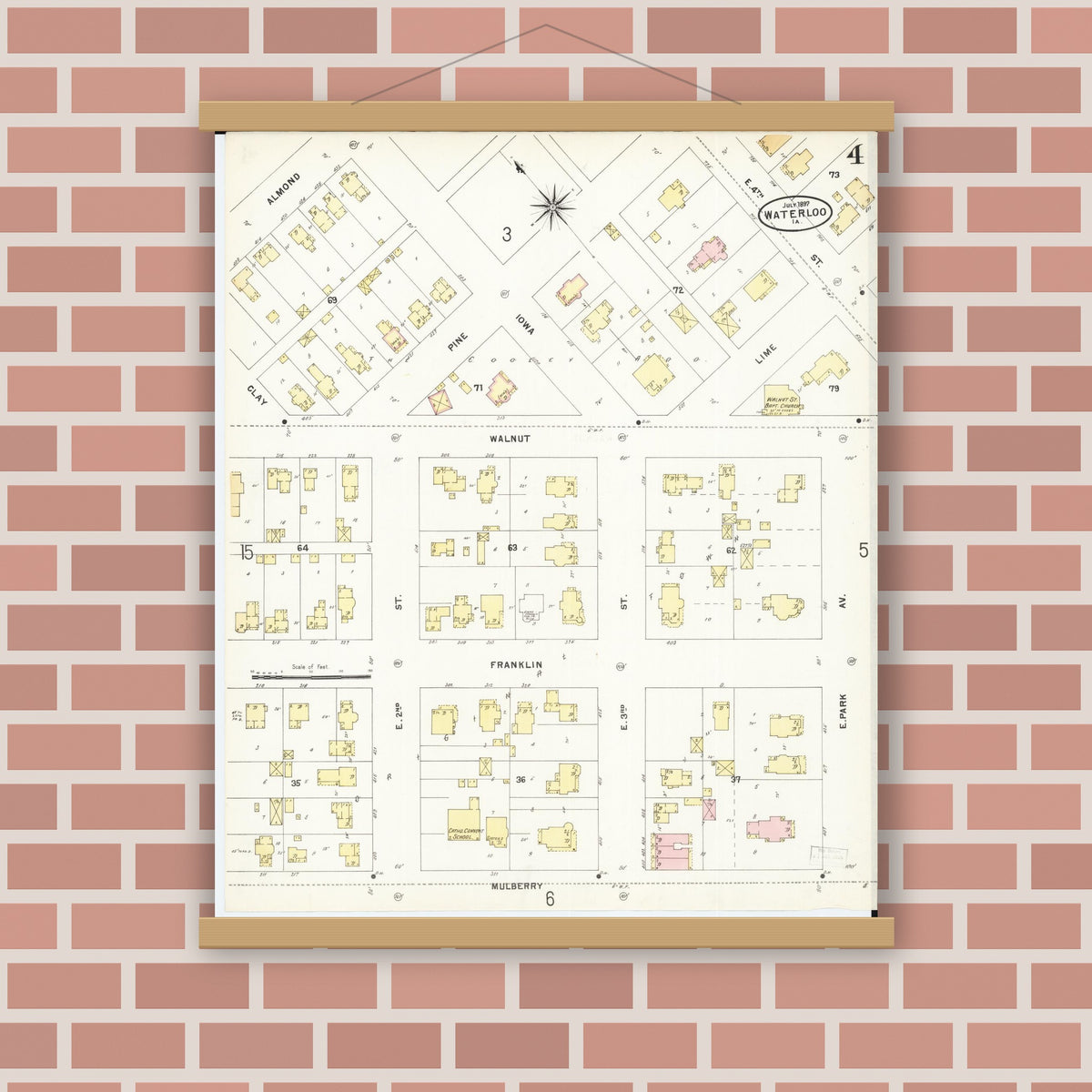 Old map wall art mockup — magnetic wood frame on brick wall — Sanborn Fire Insurance Map from Waterloo, Black Hawk County, Iowa (1897), Sheet #0004