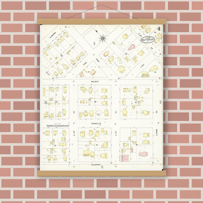 Old map wall art mockup — magnetic wood frame on brick wall — Sanborn Fire Insurance Map from Waterloo, Black Hawk County, Iowa (1897), Sheet #0004