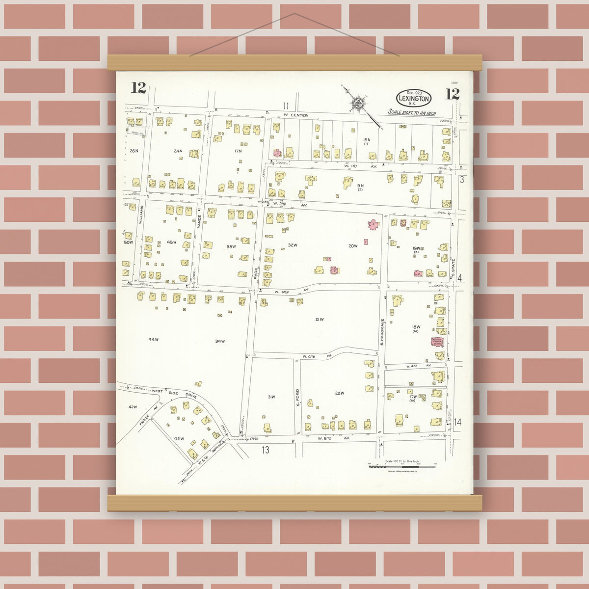 Old map wall art mockup — magnetic wood frame on brick wall — Sanborn Fire Insurance Map from Lexington, Davidson County, North Carolina (1923), Sheet #0012