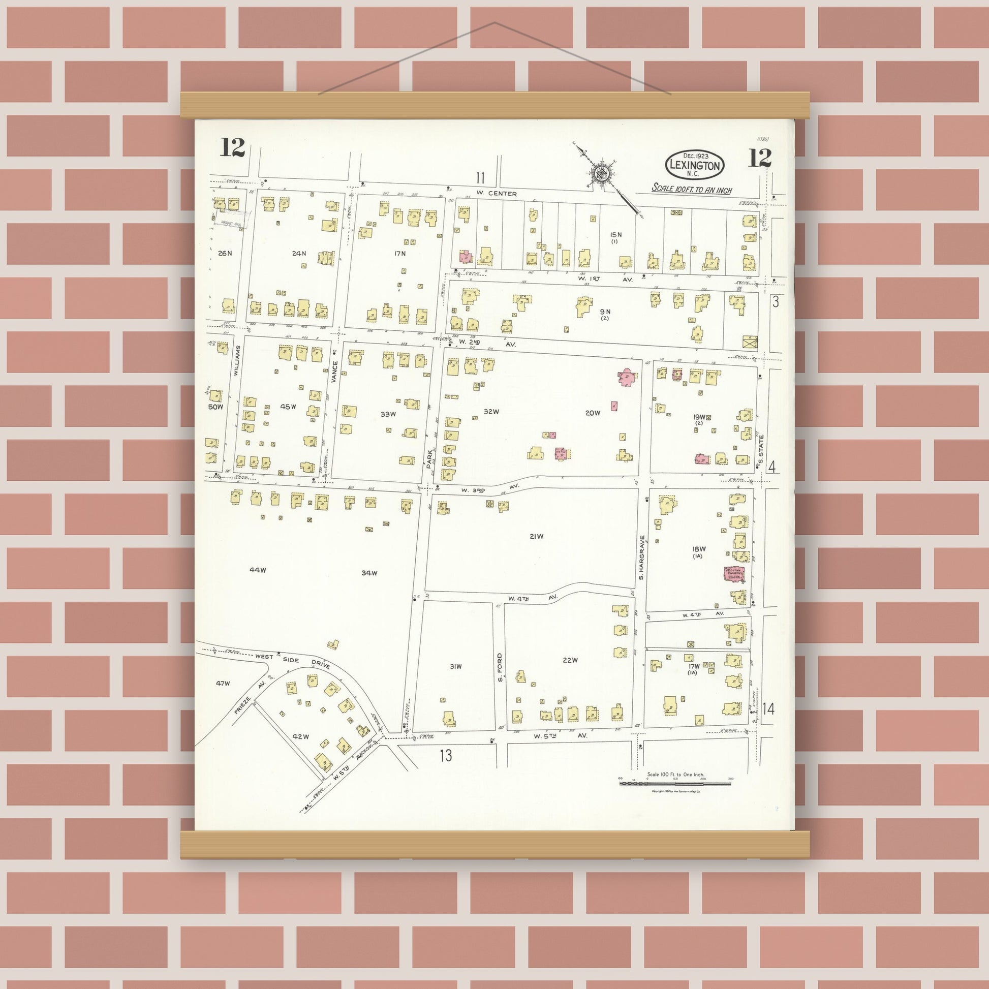 Old map wall art mockup — magnetic wood frame on brick wall — Sanborn Fire Insurance Map from Lexington, Davidson County, North Carolina (1923), Sheet #0012