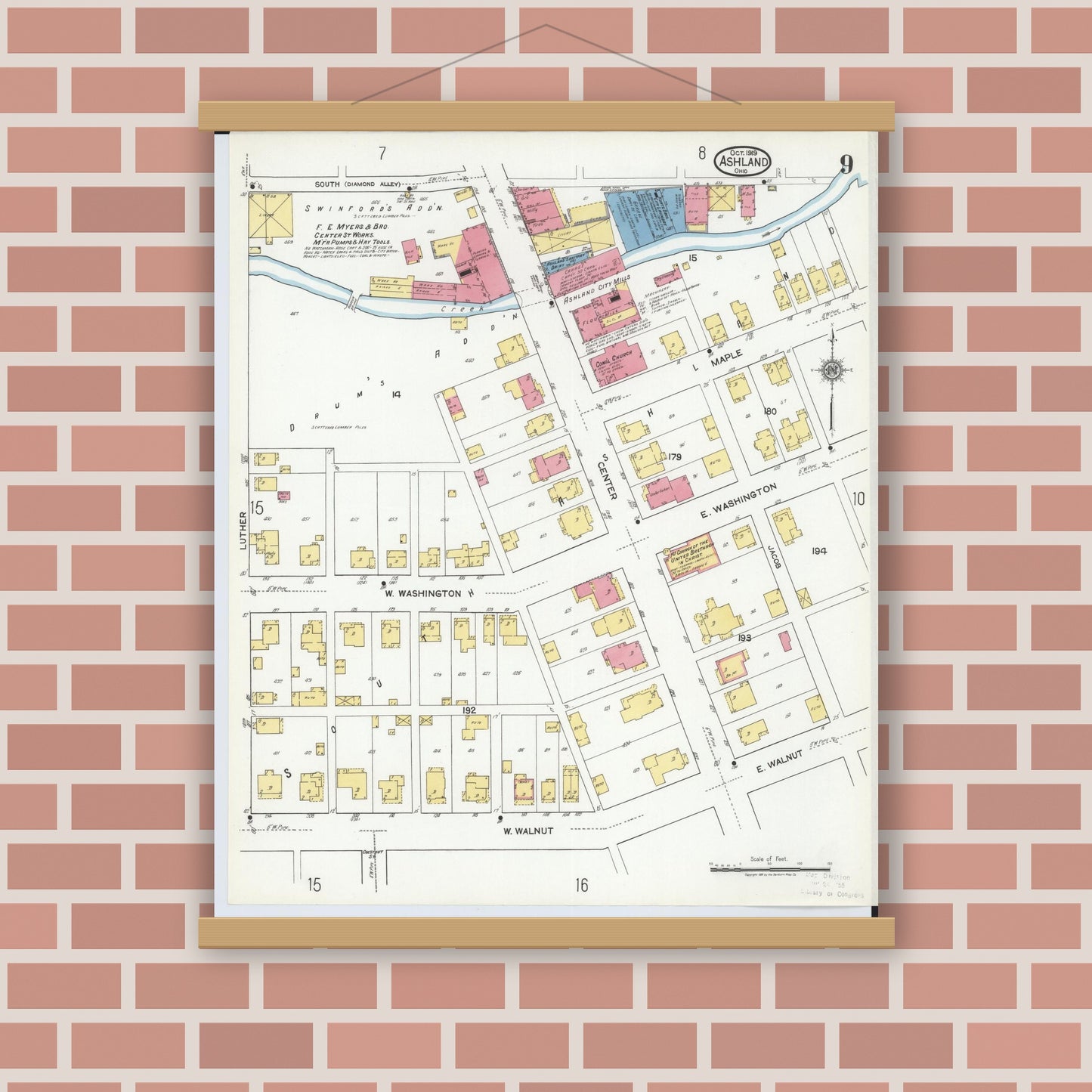 Old map wall art mockup — magnetic wood frame on brick wall — Sanborn Fire Insurance Map from Ashland, Ashland County, Ohio (1919), Sheet #0009