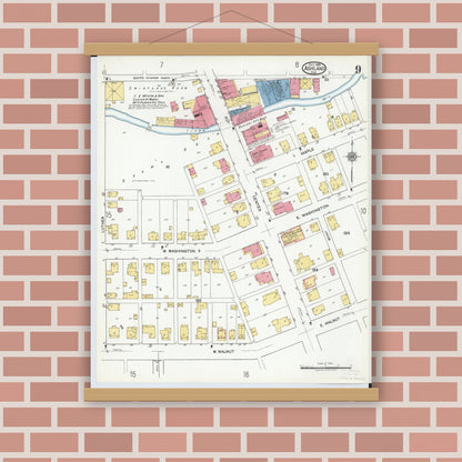 Old map wall art mockup — magnetic wood frame on brick wall — Sanborn Fire Insurance Map from Ashland, Ashland County, Ohio (1919), Sheet #0009