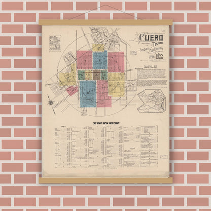 Old map wall art mockup — magnetic wood frame on brick wall — Sanborn Fire Insurance Map from Cuero, De Witt County, Texas (1922) - Complete Map Set