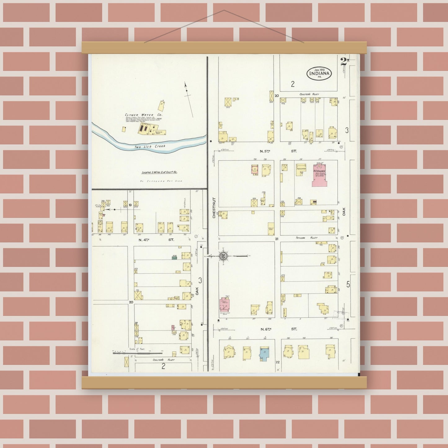 Old map wall art mockup — magnetic wood frame on brick wall — Sanborn Fire Insurance Map from Indiana, Indiana County, Pennsylvania (1910), Sheet #0002