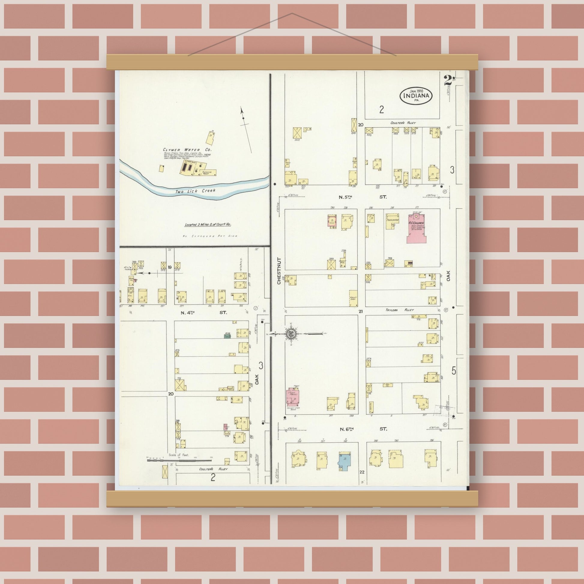 Old map wall art mockup — magnetic wood frame on brick wall — Sanborn Fire Insurance Map from Indiana, Indiana County, Pennsylvania (1910), Sheet #0002