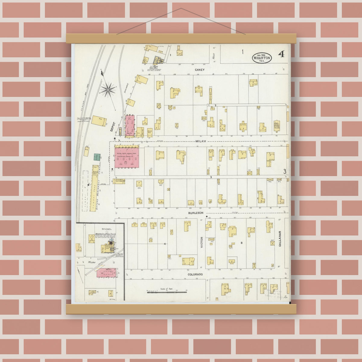 Old map wall art mockup — magnetic wood frame on brick wall — Sanborn Fire Insurance Map from Wharton, Wharton County, Texas (1906), Sheet #0004