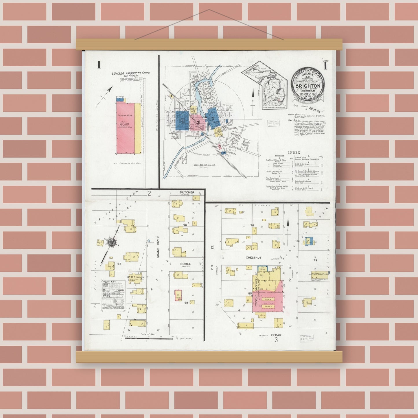 Old map wall art mockup — magnetic wood frame on brick wall — Sanborn Fire Insurance Map from Brighton, Livingston County, Michigan (1928) - Complete Map Set
