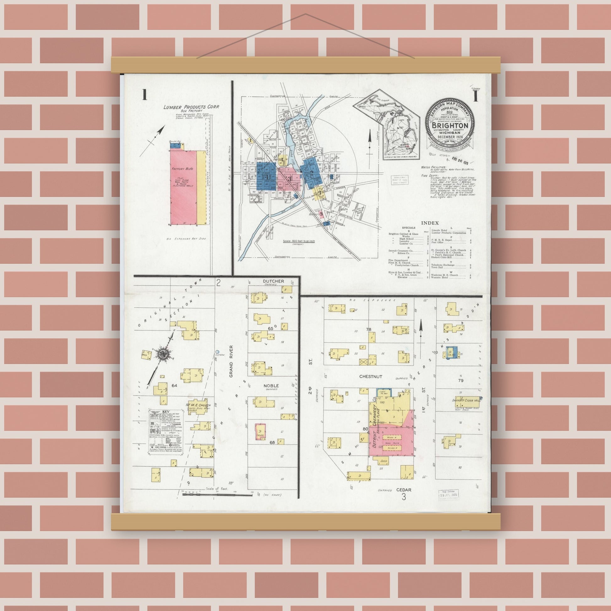Old map wall art mockup — magnetic wood frame on brick wall — Sanborn Fire Insurance Map from Brighton, Livingston County, Michigan (1928) - Complete Map Set