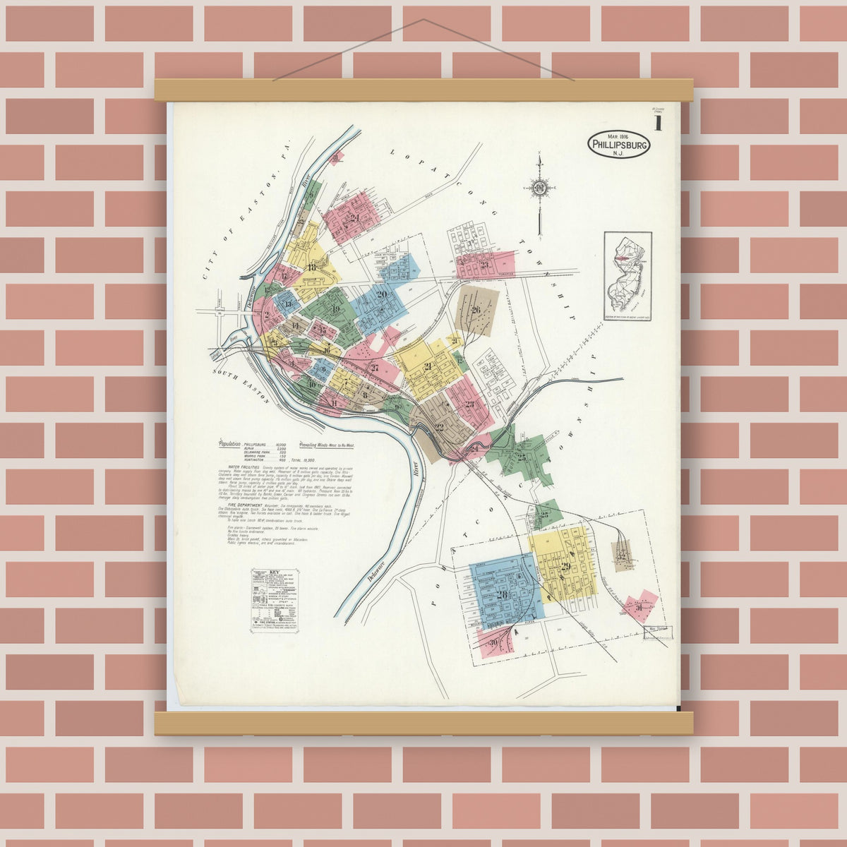 Old map wall art mockup — magnetic wood frame on brick wall — Sanborn Fire Insurance Map from Phillipsburg, Warren County, New Jersey (1916) - Complete Map Set