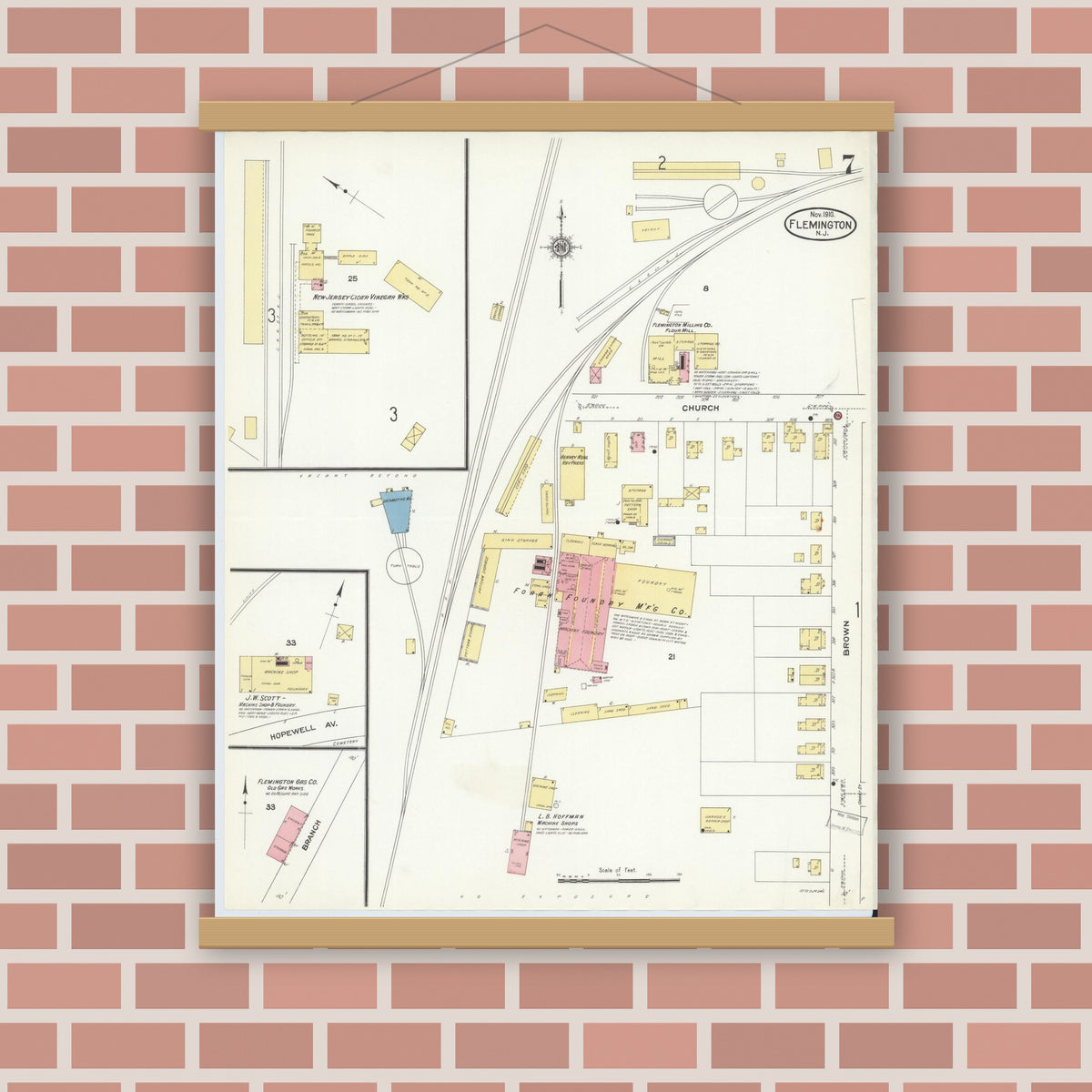 Old map wall art mockup — magnetic wood frame on brick wall — Sanborn Fire Insurance Map from Flemington, Hunterdon County, New Jersey (1910), Sheet #0007