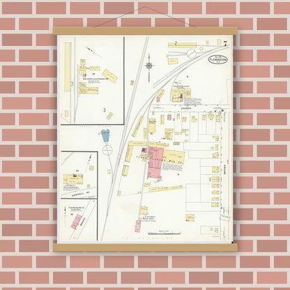 Old map wall art mockup — magnetic wood frame on brick wall — Sanborn Fire Insurance Map from Flemington, Hunterdon County, New Jersey (1910), Sheet #0007