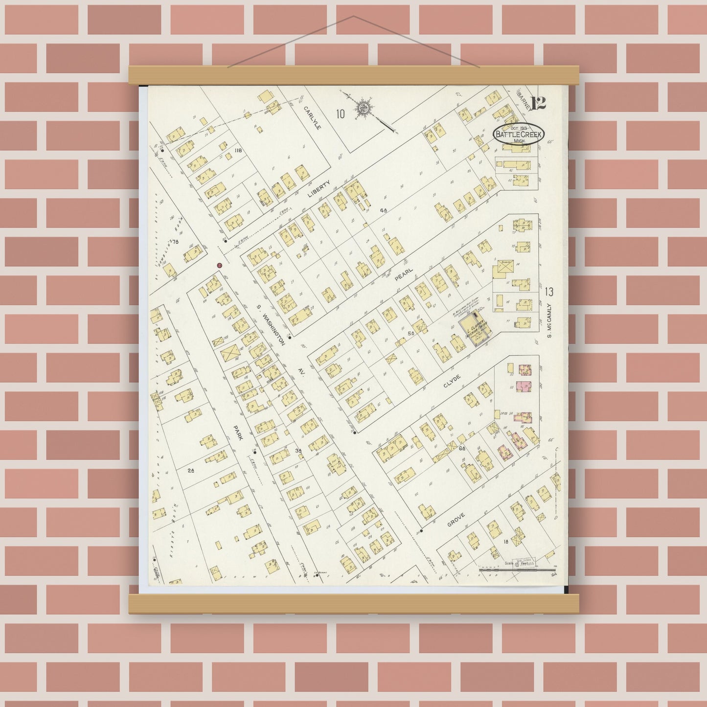 Old map wall art mockup — magnetic wood frame on brick wall — Sanborn Fire Insurance Map from Battle Creek, Calhoun County, Michigan (1913), Sheet #0012