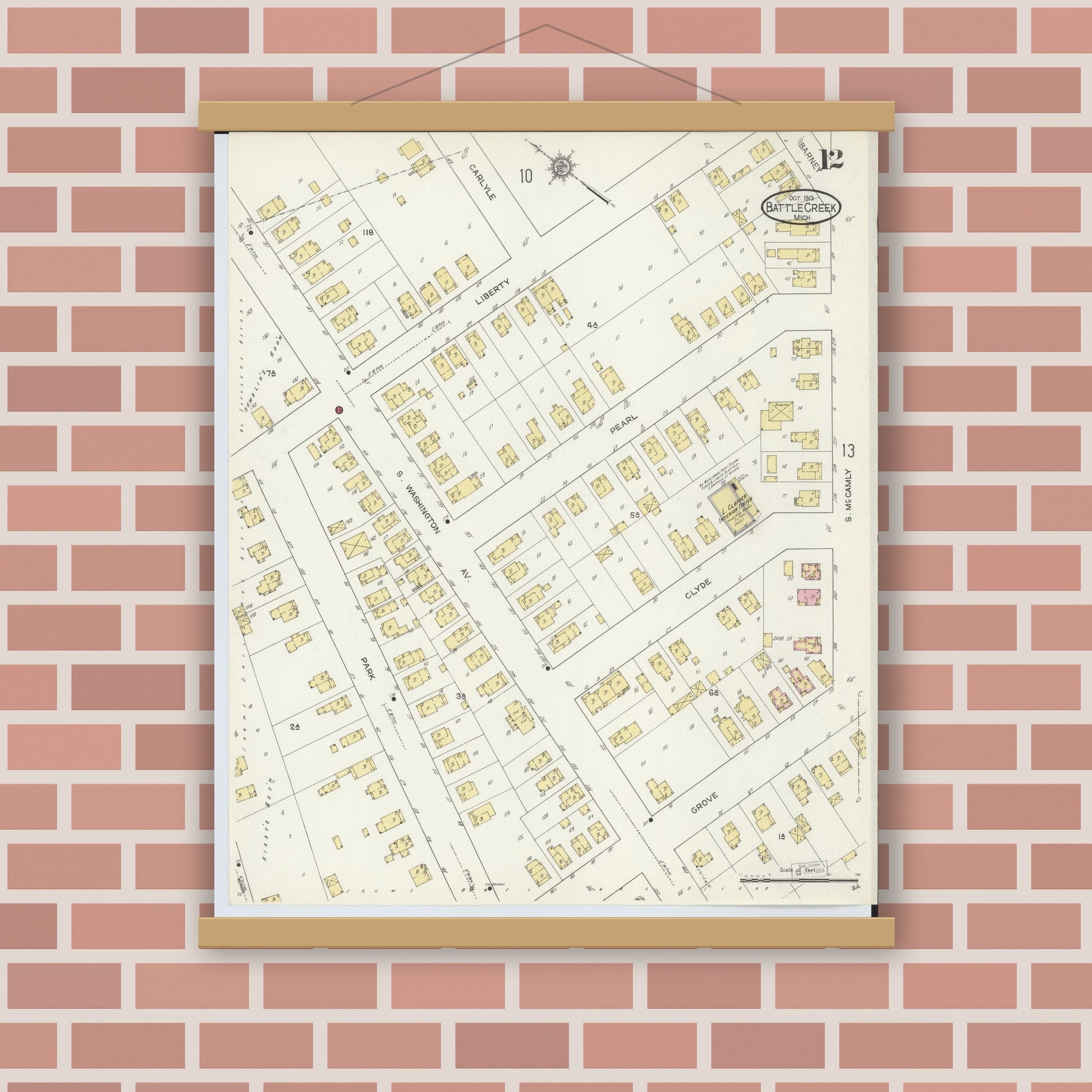 Old map wall art mockup — magnetic wood frame on brick wall — Sanborn Fire Insurance Map from Battle Creek, Calhoun County, Michigan (1913), Sheet #0012