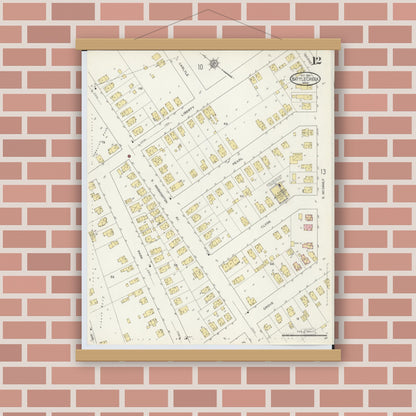 Old map wall art mockup — magnetic wood frame on brick wall — Sanborn Fire Insurance Map from Battle Creek, Calhoun County, Michigan (1913), Sheet #0012