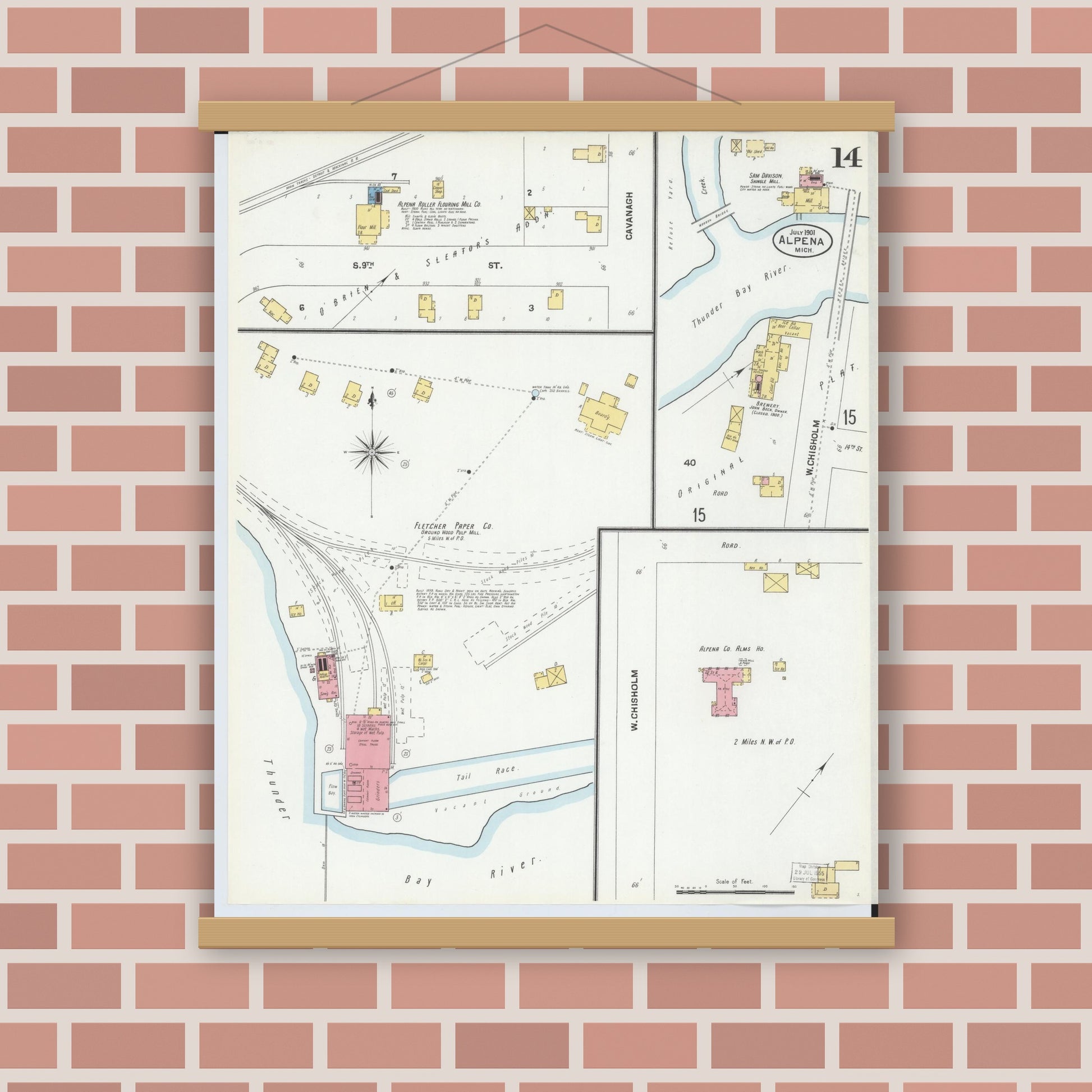 Old map wall art mockup — magnetic wood frame on brick wall — Sanborn Fire Insurance Map from Alpena, Alpena County, Michigan (1901), Sheet #0014